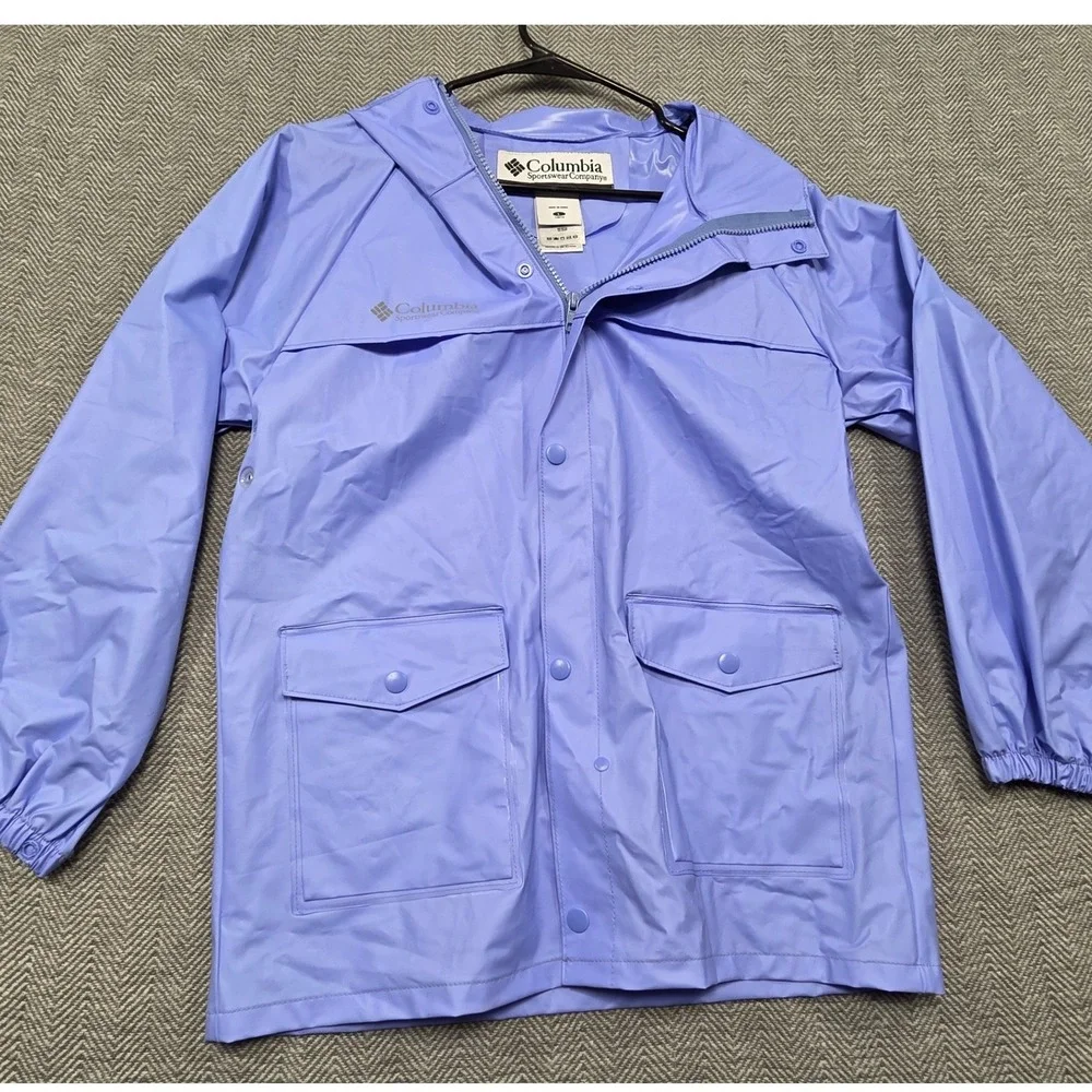 Columbia Youth Rain Jacket Periwinkle Blue Hooded PVC Shell RY0180 Size Large‎